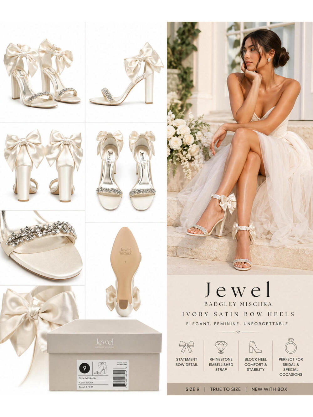 Oleg Casinni Ivory Satin Bow Heels Rhinestone Strap Ankle Sandals Size 9